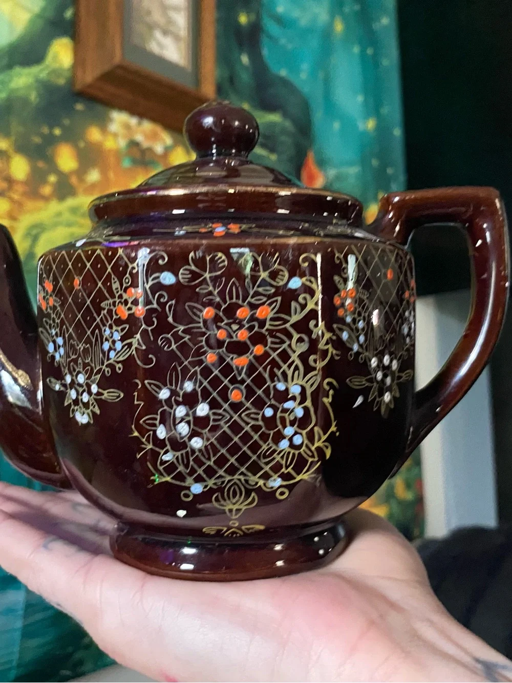 Hand-Painted Floral Brown Ceramic Teapot - Decorative Home Art